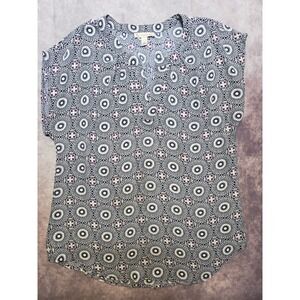 Dress Barn Womens Blouse Large  Short Sleeve Blue White Geometric Career Flowy
